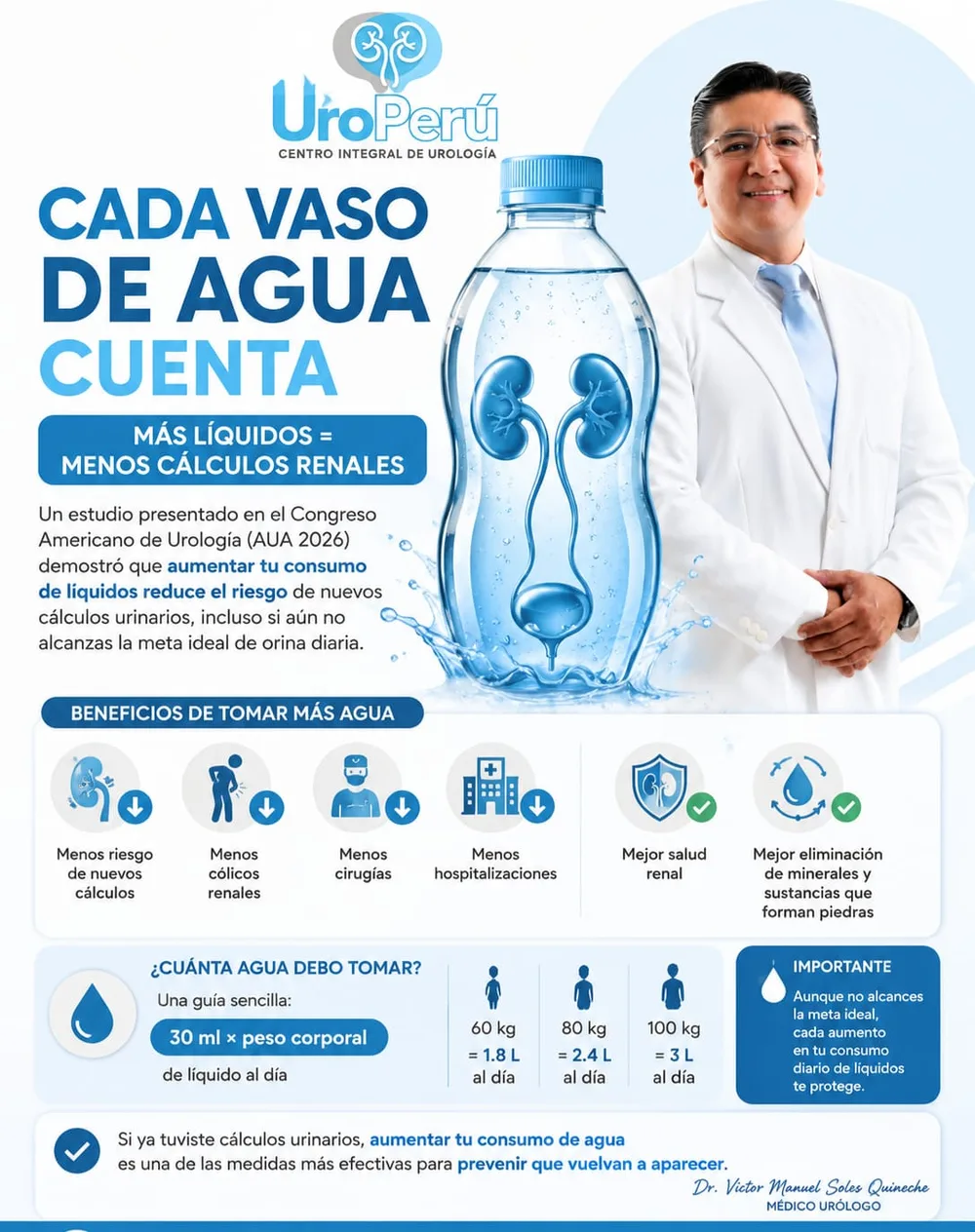 Cada vaso de agua cuenta: más líquidos, menos cálculos renales — UroPerú